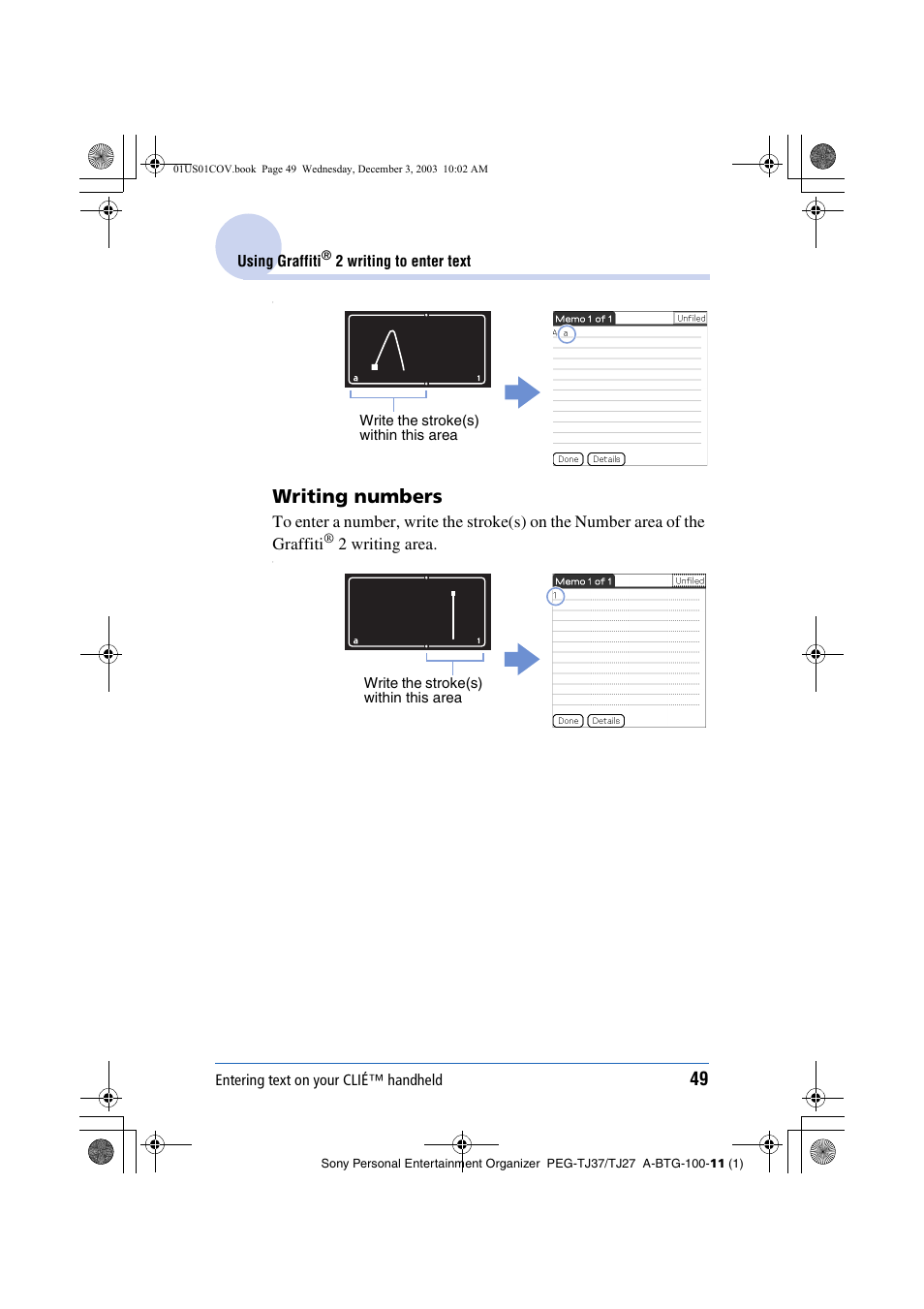 Writing numbers, 2 writing area | Sony PEG-TJ27 User Manual | Page 49 / 195