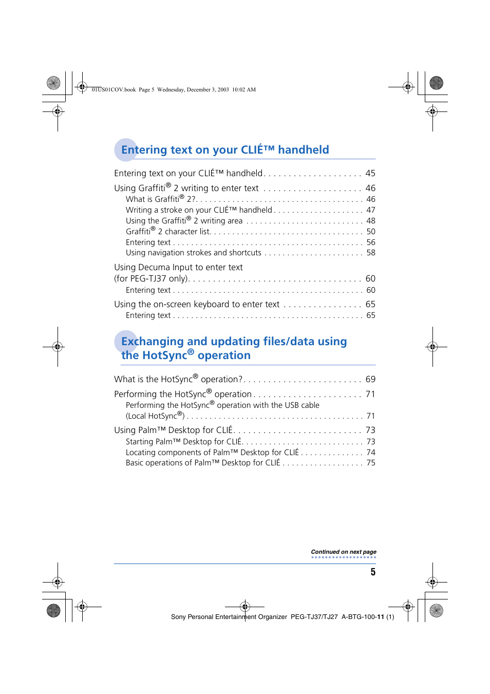 Entering text on your clié™ handheld, Operation | Sony PEG-TJ27 User Manual | Page 5 / 195