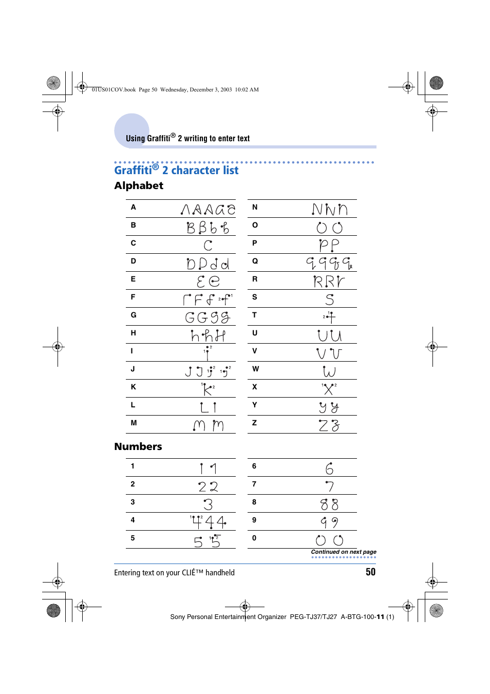 Graffiti® 2 character list, Graffiti, 2 character list | Alphabet numbers | Sony PEG-TJ27 User Manual | Page 50 / 195