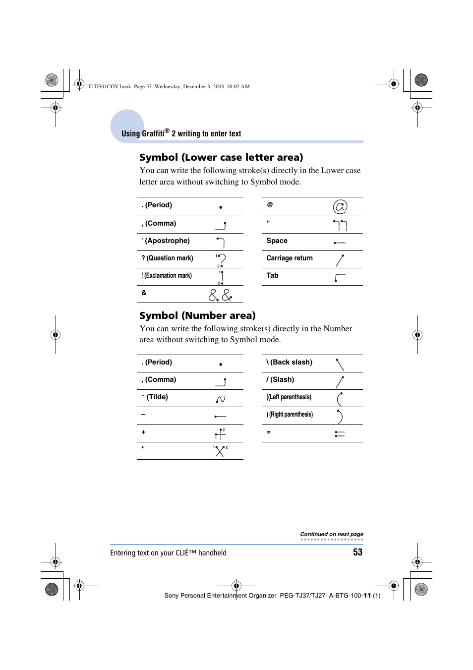 Symbol (lower case letter area), Symbol (number area) | Sony PEG-TJ27 User Manual | Page 53 / 195