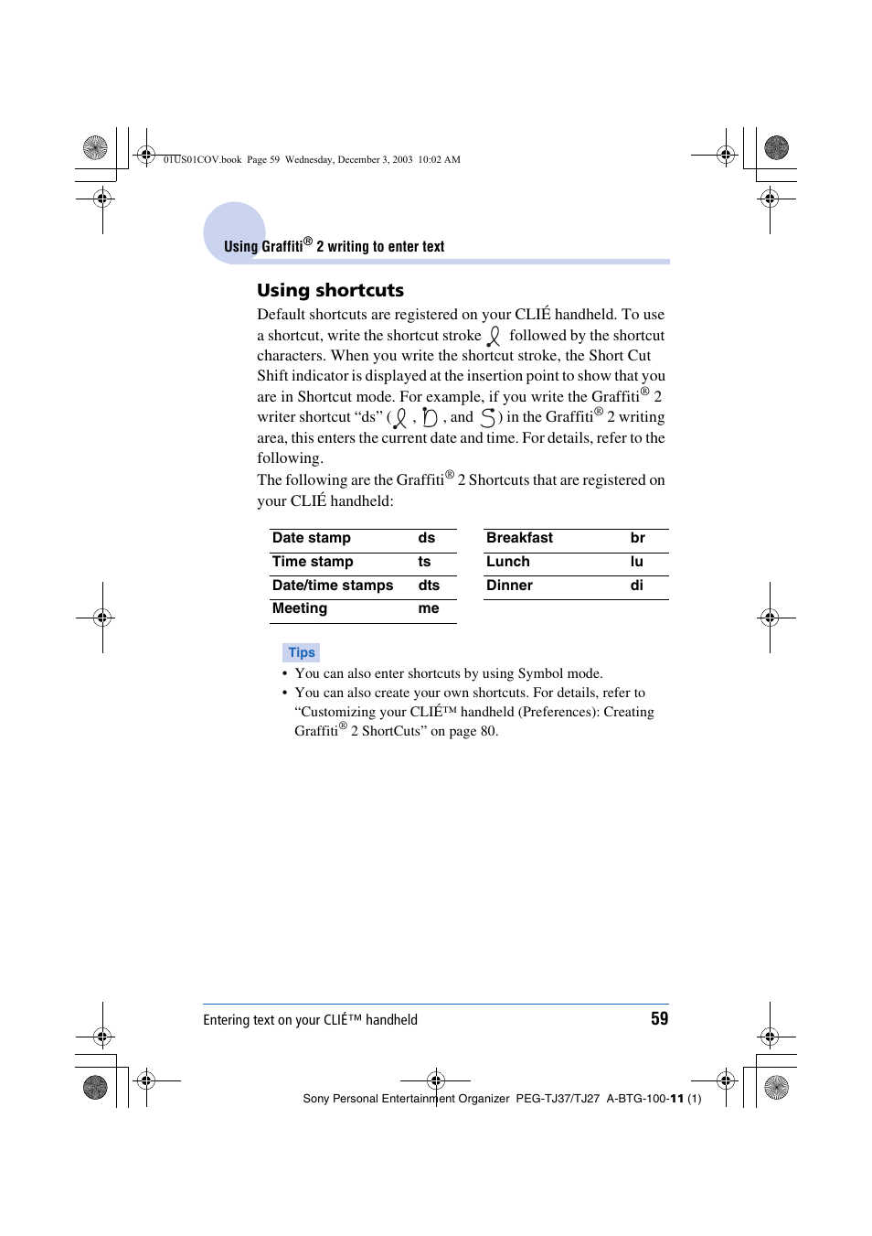 Using shortcuts | Sony PEG-TJ27 User Manual | Page 59 / 195