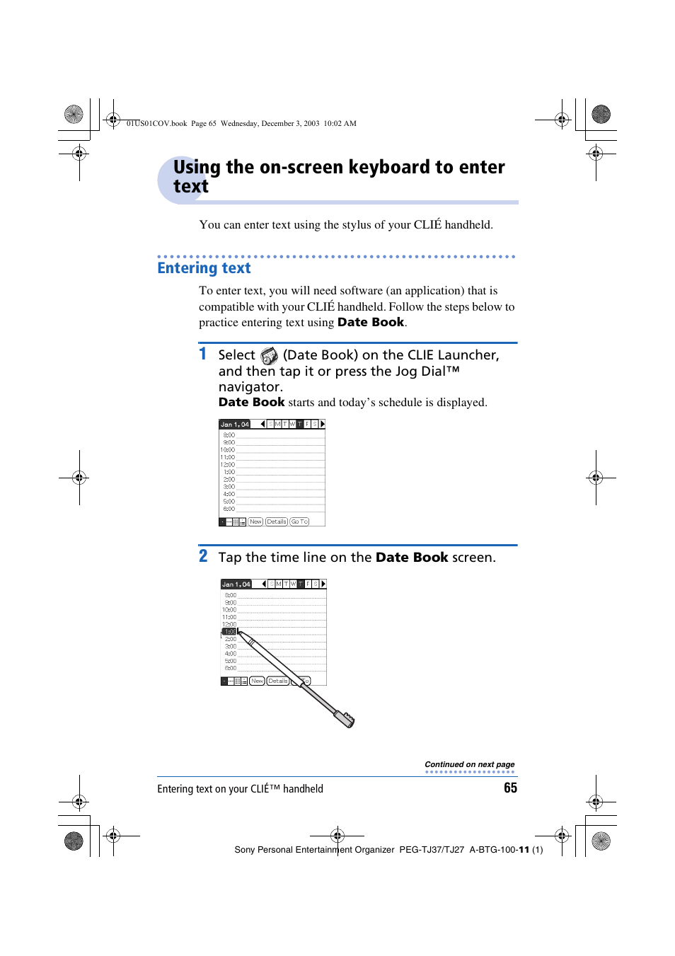 Using the on-screen keyboard to enter text, Entering text | Sony PEG-TJ27 User Manual | Page 65 / 195