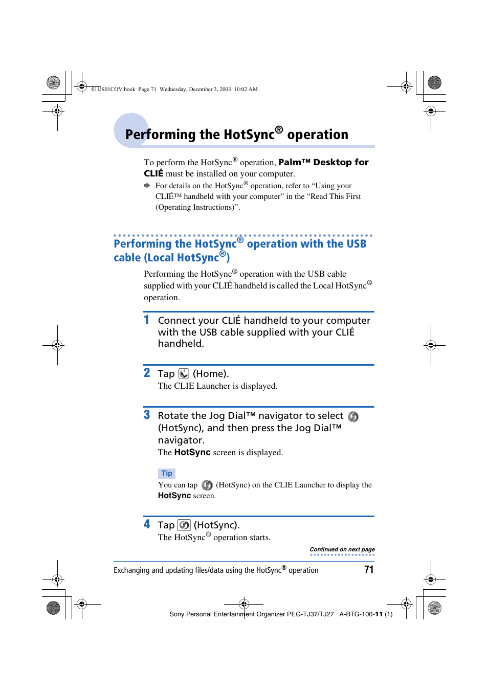 Performing the hotsync® operation, Performing the hotsync, Operation | Operation with the usb cable, Local hotsync, Operation with the usb cable (local hotsync | Sony PEG-TJ27 User Manual | Page 71 / 195