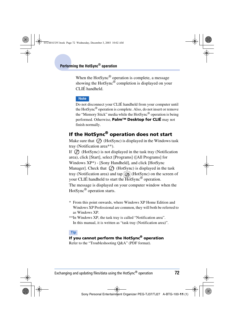 If the hotsync, Operation does not start | Sony PEG-TJ27 User Manual | Page 72 / 195