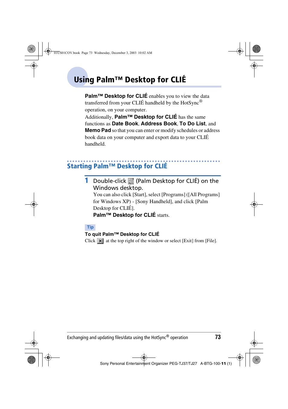 Using palm™ desktop for clié, Starting palm™ desktop for clié | Sony PEG-TJ27 User Manual | Page 73 / 195