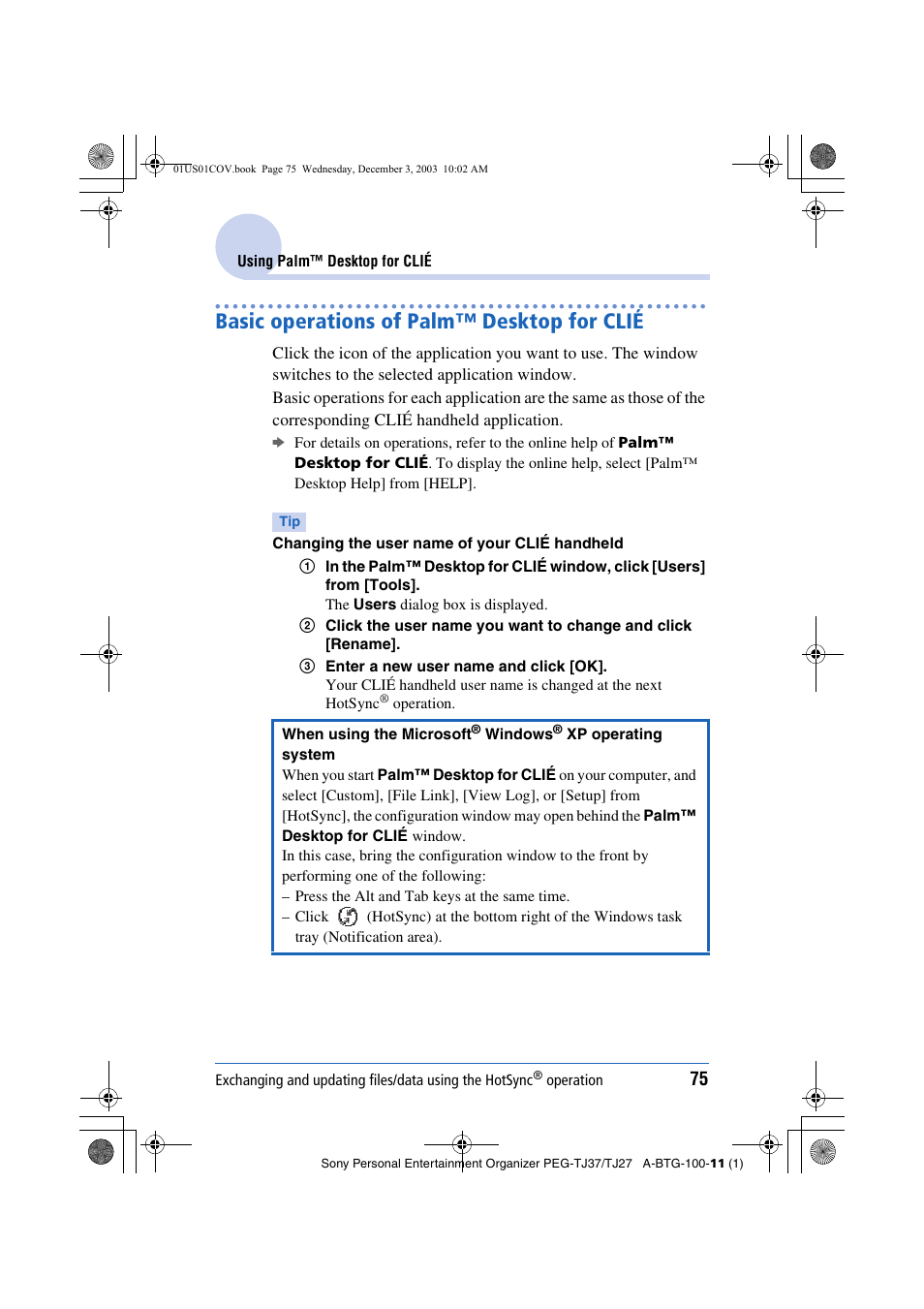 Basic operations of palm™ desktop for clié | Sony PEG-TJ27 User Manual | Page 75 / 195