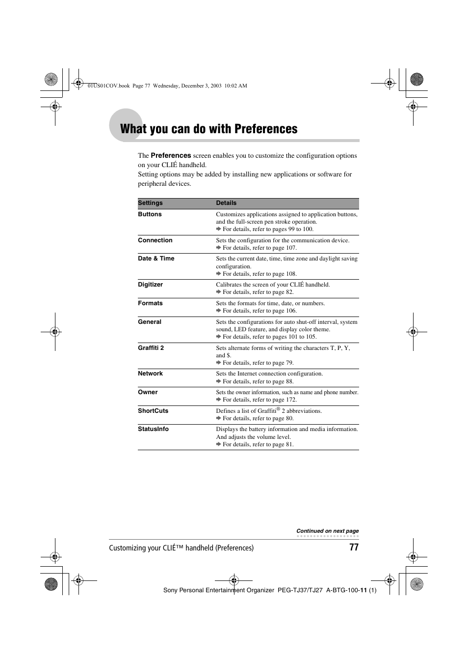What you can do with preferences | Sony PEG-TJ27 User Manual | Page 77 / 195