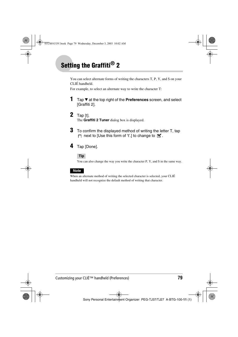 Setting the graffiti® 2, Setting the graffiti | Sony PEG-TJ27 User Manual | Page 79 / 195