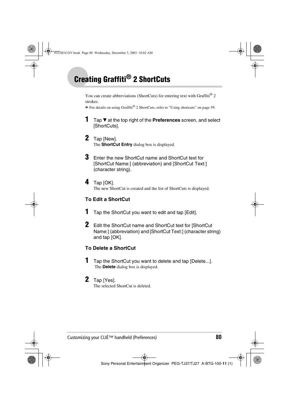 Creating graffiti® 2 shortcuts, Creating graffiti, 2 shortcuts | Sony PEG-TJ27 User Manual | Page 80 / 195