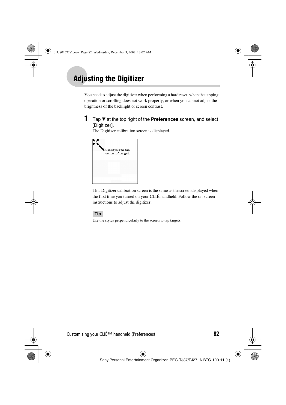 Adjusting the digitizer | Sony PEG-TJ27 User Manual | Page 82 / 195