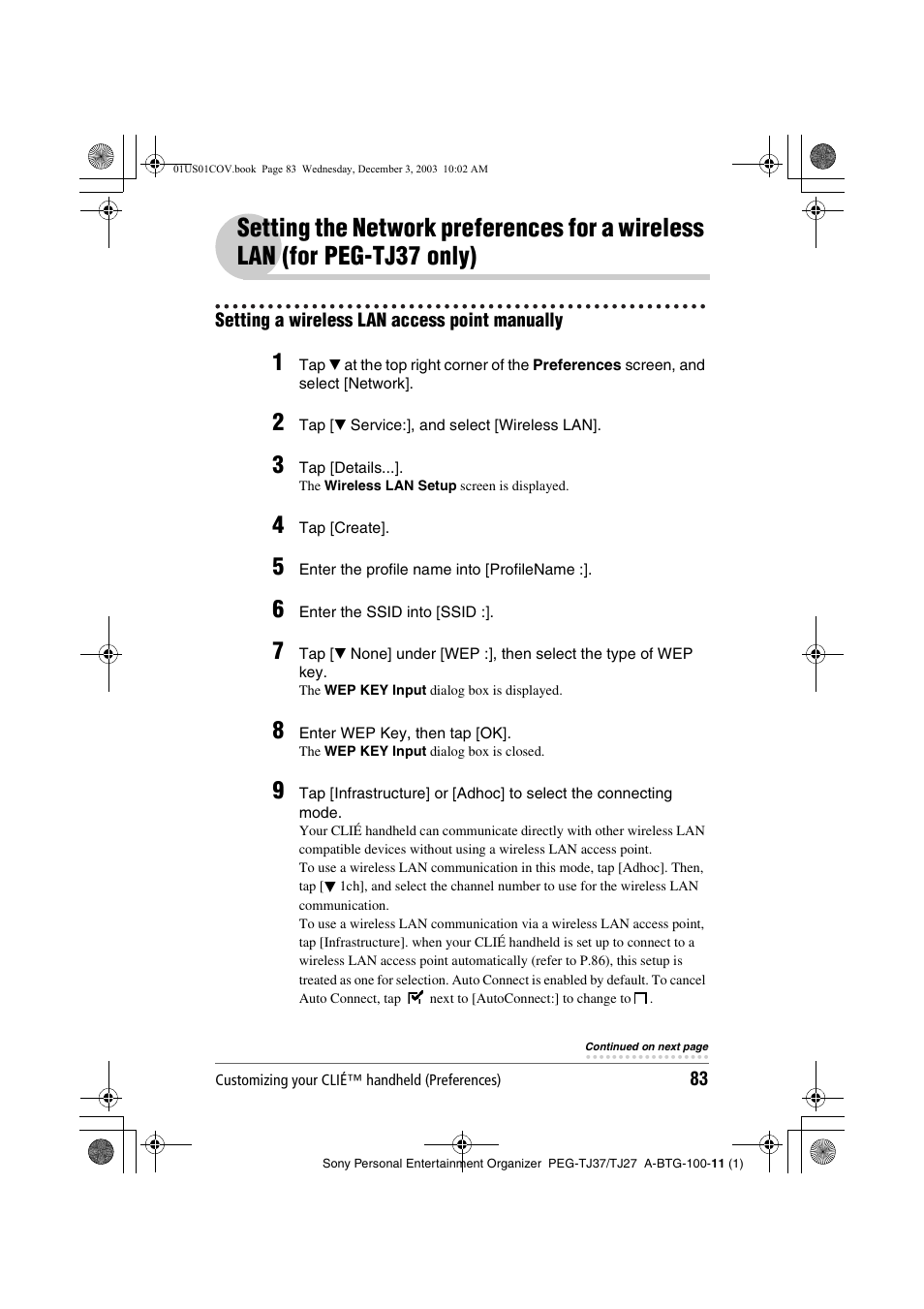 Setting a wireless lan access point manually, Setting the network preferences for, A wireless lan (for peg-tj37 only) | Sony PEG-TJ27 User Manual | Page 83 / 195