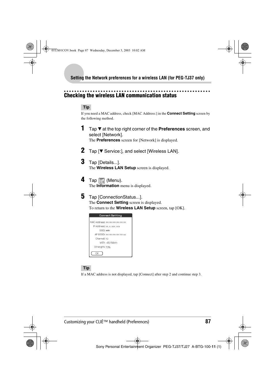 Checking the wireless lan communication status | Sony PEG-TJ27 User Manual | Page 87 / 195