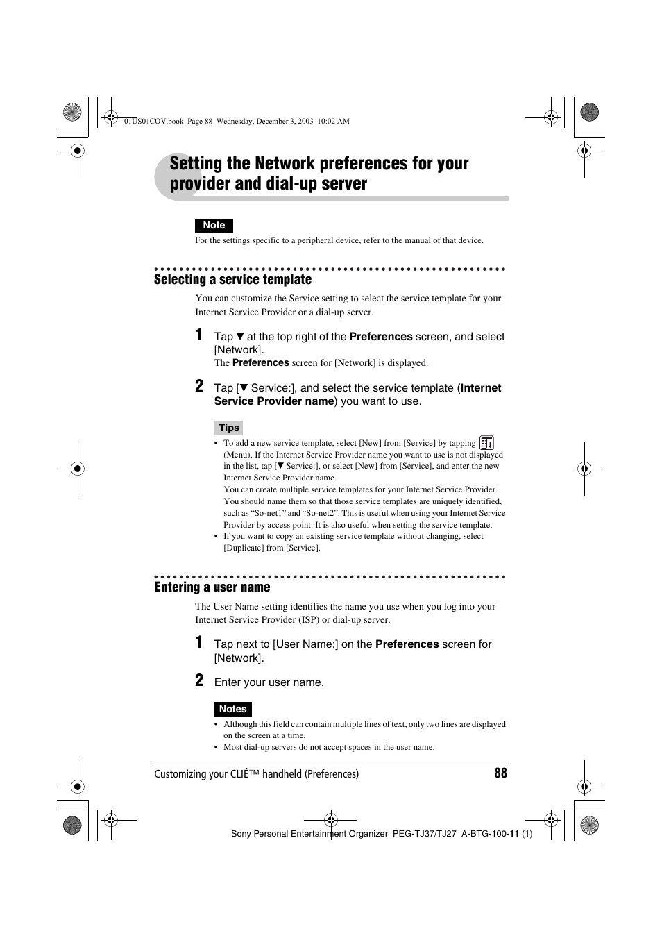 Selecting a service template, Entering a user name, Selecting a service template entering a user name | Setting the network preferences for, Your provider and dial-up server | Sony PEG-TJ27 User Manual | Page 88 / 195