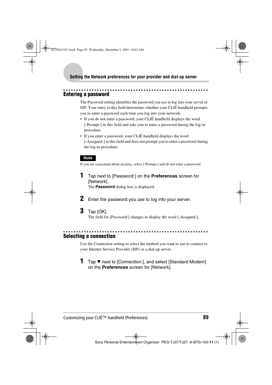 Entering a password, Selecting a connection, Entering a password selecting a connection | Sony PEG-TJ27 User Manual | Page 89 / 195