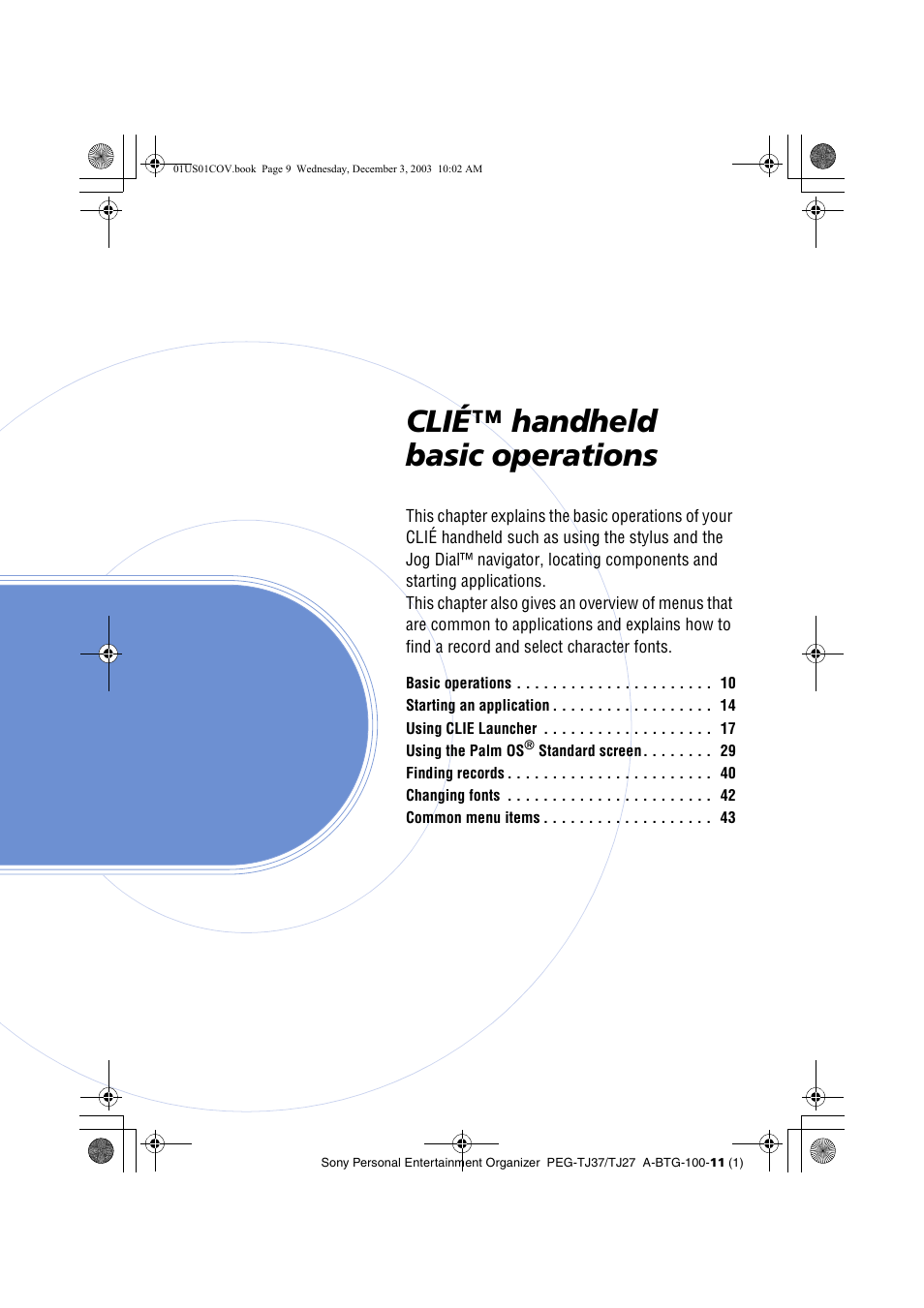 Clié™ handheld basic operations | Sony PEG-TJ27 User Manual | Page 9 / 195