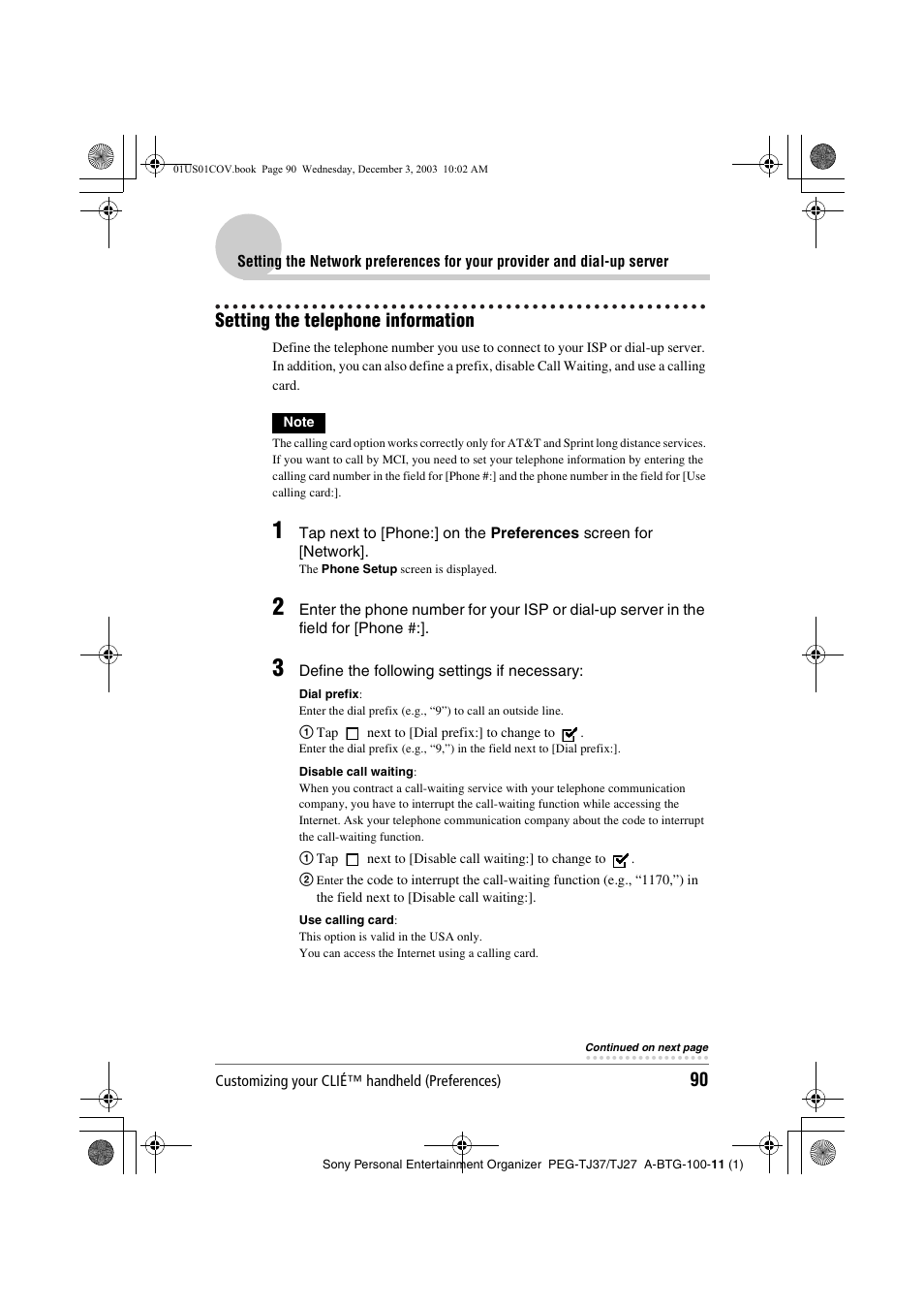 Setting the telephone information | Sony PEG-TJ27 User Manual | Page 90 / 195