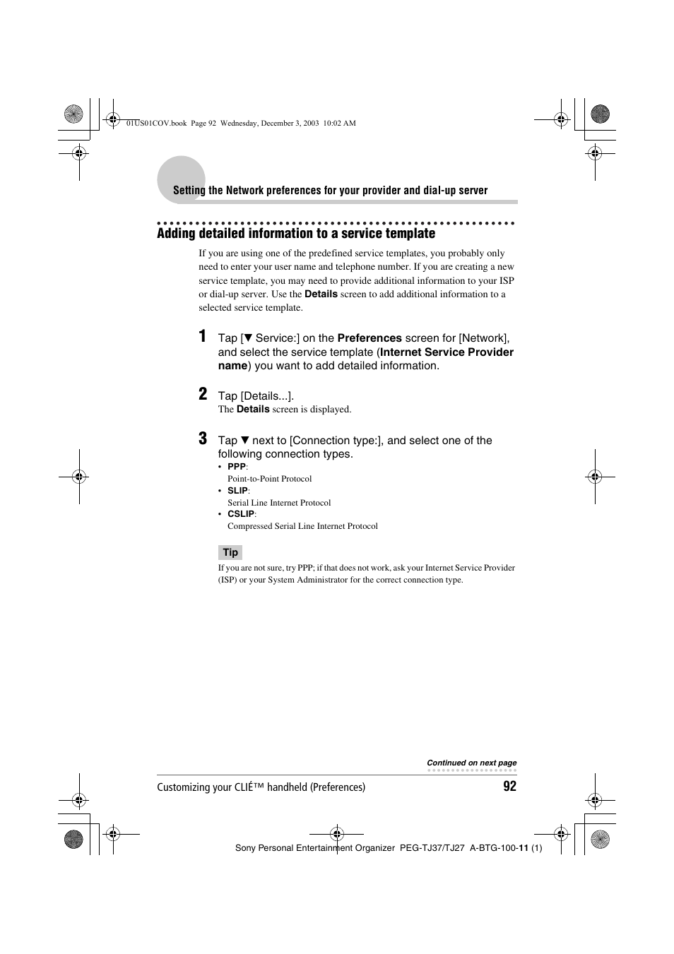 Adding detailed information to a service template | Sony PEG-TJ27 User Manual | Page 92 / 195