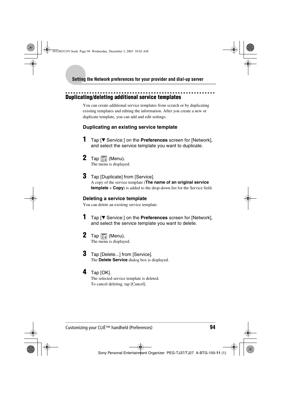 Duplicating/deleting additional service templates | Sony PEG-TJ27 User Manual | Page 94 / 195