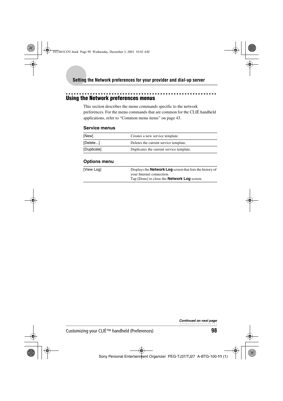 Using the network preferences menus | Sony PEG-TJ27 User Manual | Page 98 / 195