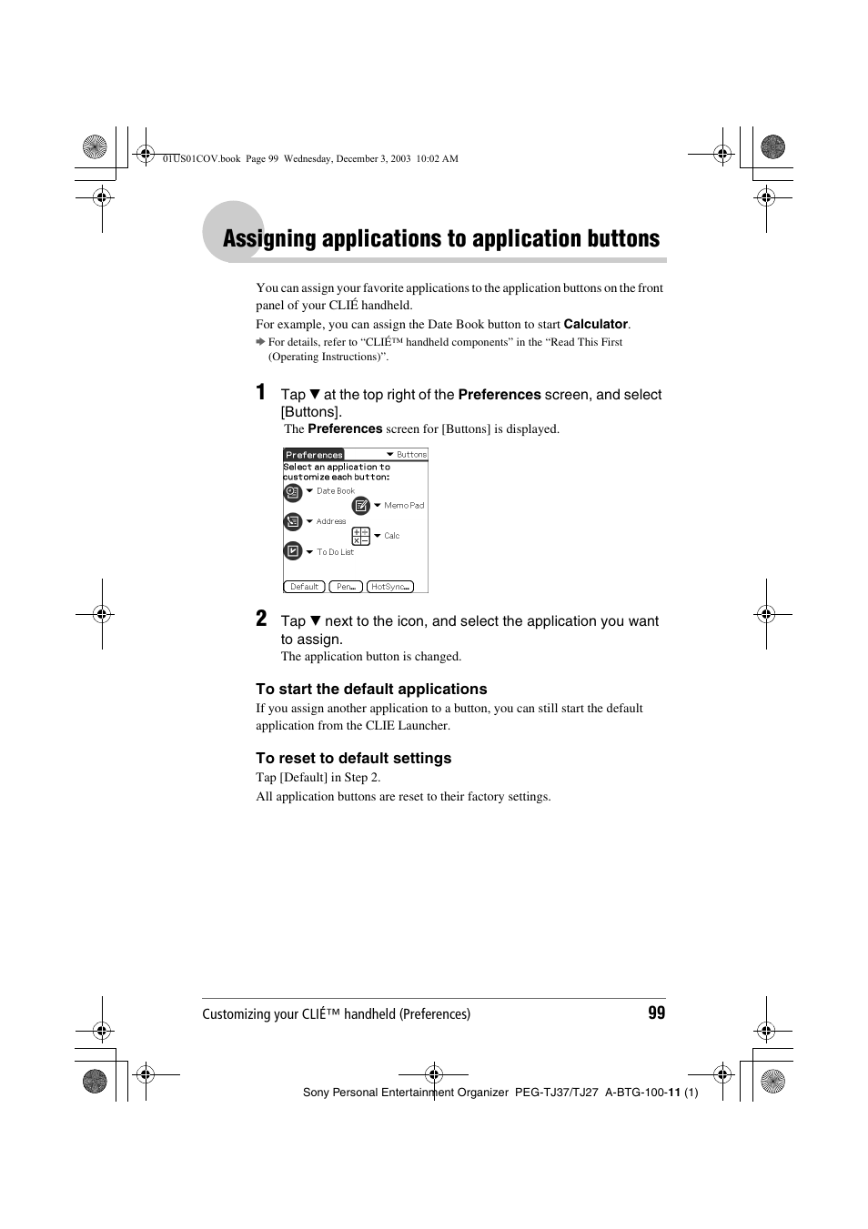 Assigning applications to application buttons, Assigning applications to, Application buttons | S 99 t | Sony PEG-TJ27 User Manual | Page 99 / 195