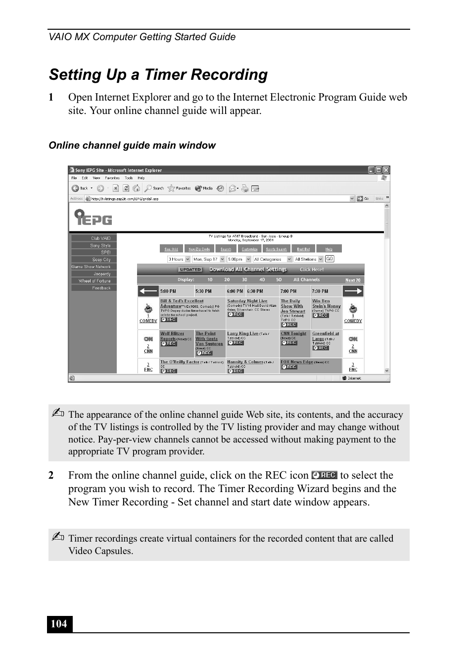 Setting up a timer recording | Sony PCV-MXS20 User Manual | Page 104 / 113