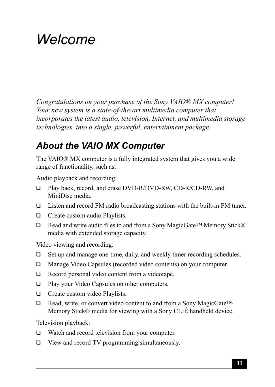 Welcome, About the vaio mx computer | Sony PCV-MXS20 User Manual | Page 11 / 113