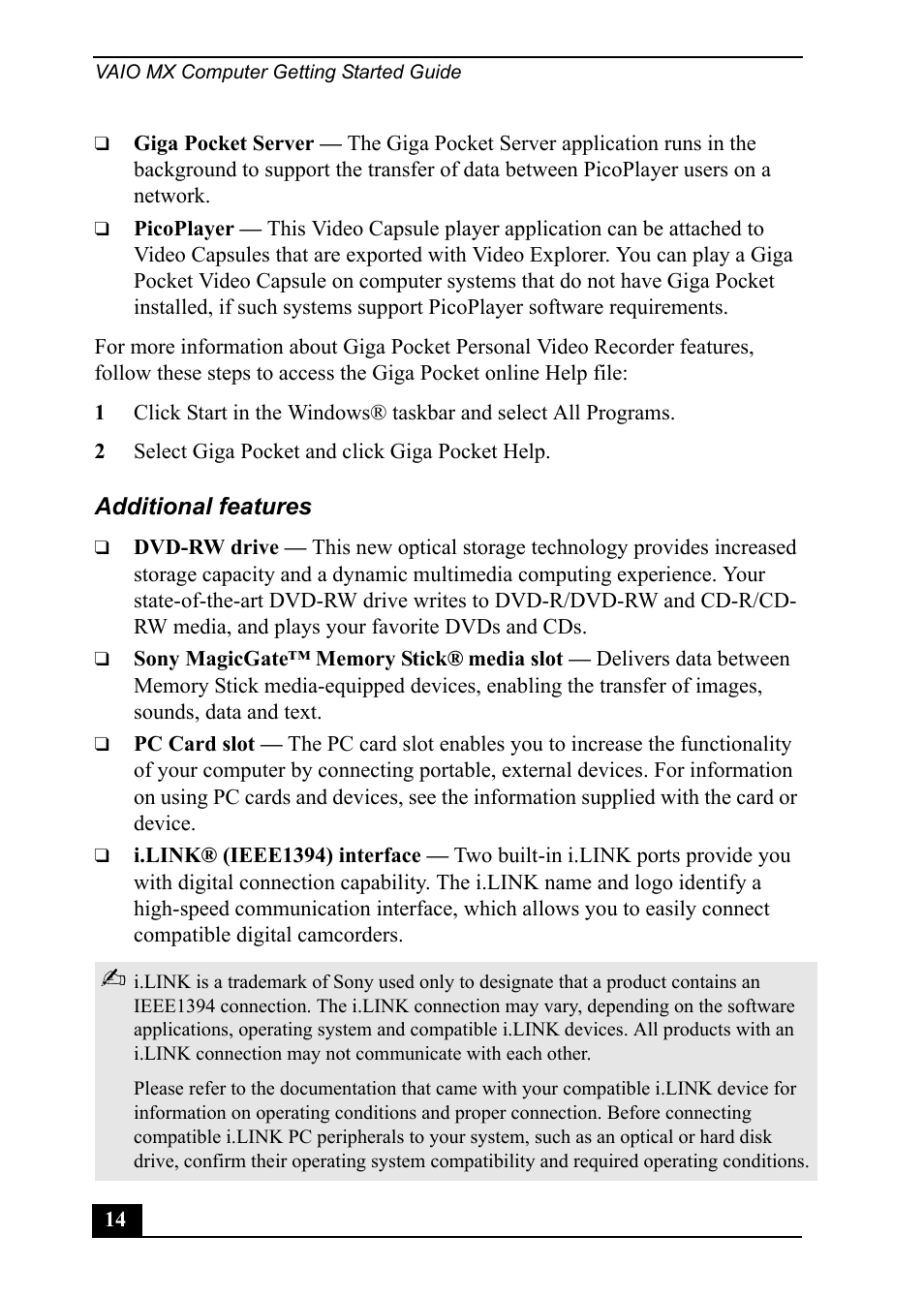 Sony PCV-MXS20 User Manual | Page 14 / 113