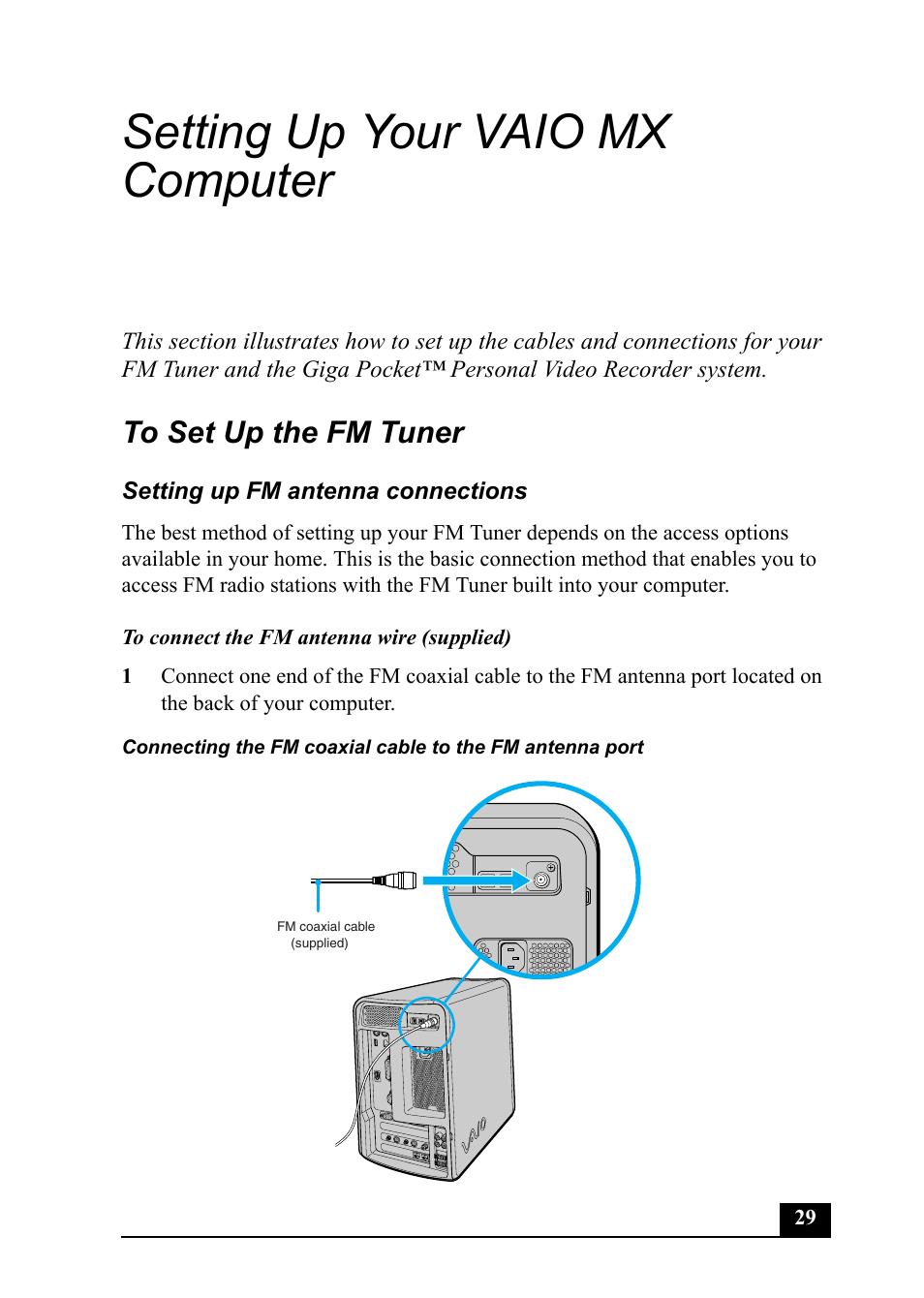 Setting up your vaio mx computer, Setting up fm antenna connections | Sony PCV-MXS20 User Manual | Page 29 / 113