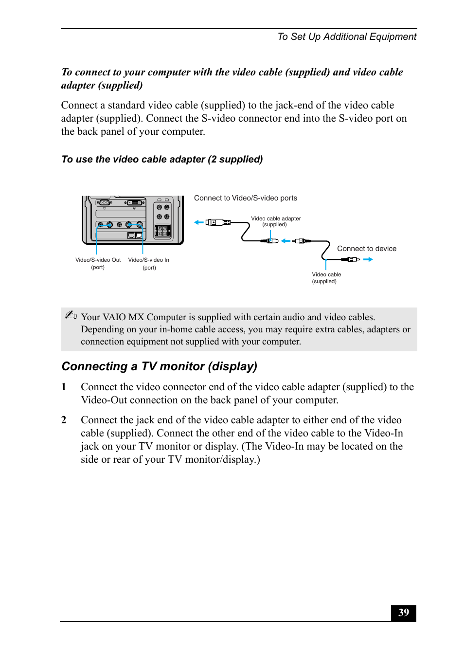 Connecting a tv monitor (display), Connect to device connect to video/s-video ports | Sony PCV-MXS20 User Manual | Page 39 / 113