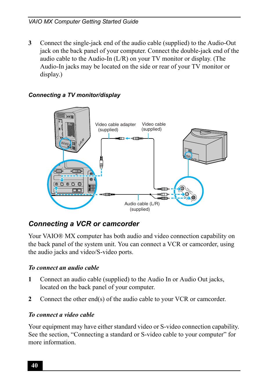 Connecting a vcr or camcorder, Vaio mx computer getting started guide, Connecting a tv monitor/display | Sony PCV-MXS20 User Manual | Page 40 / 113