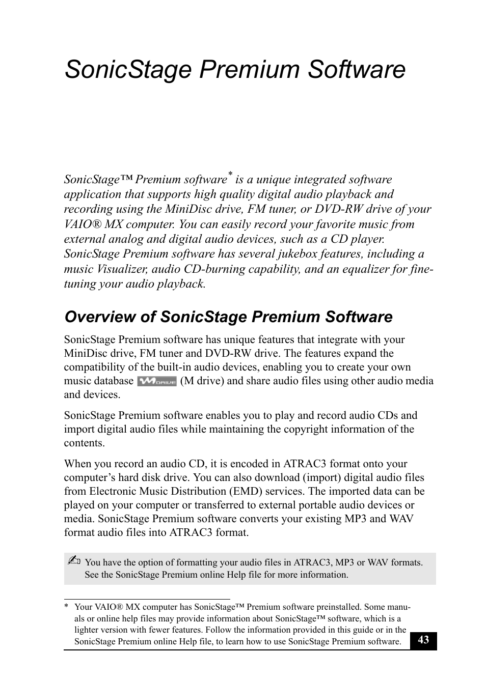 Sonicstage premium software, Overview of sonicstage premium software | Sony PCV-MXS20 User Manual | Page 43 / 113