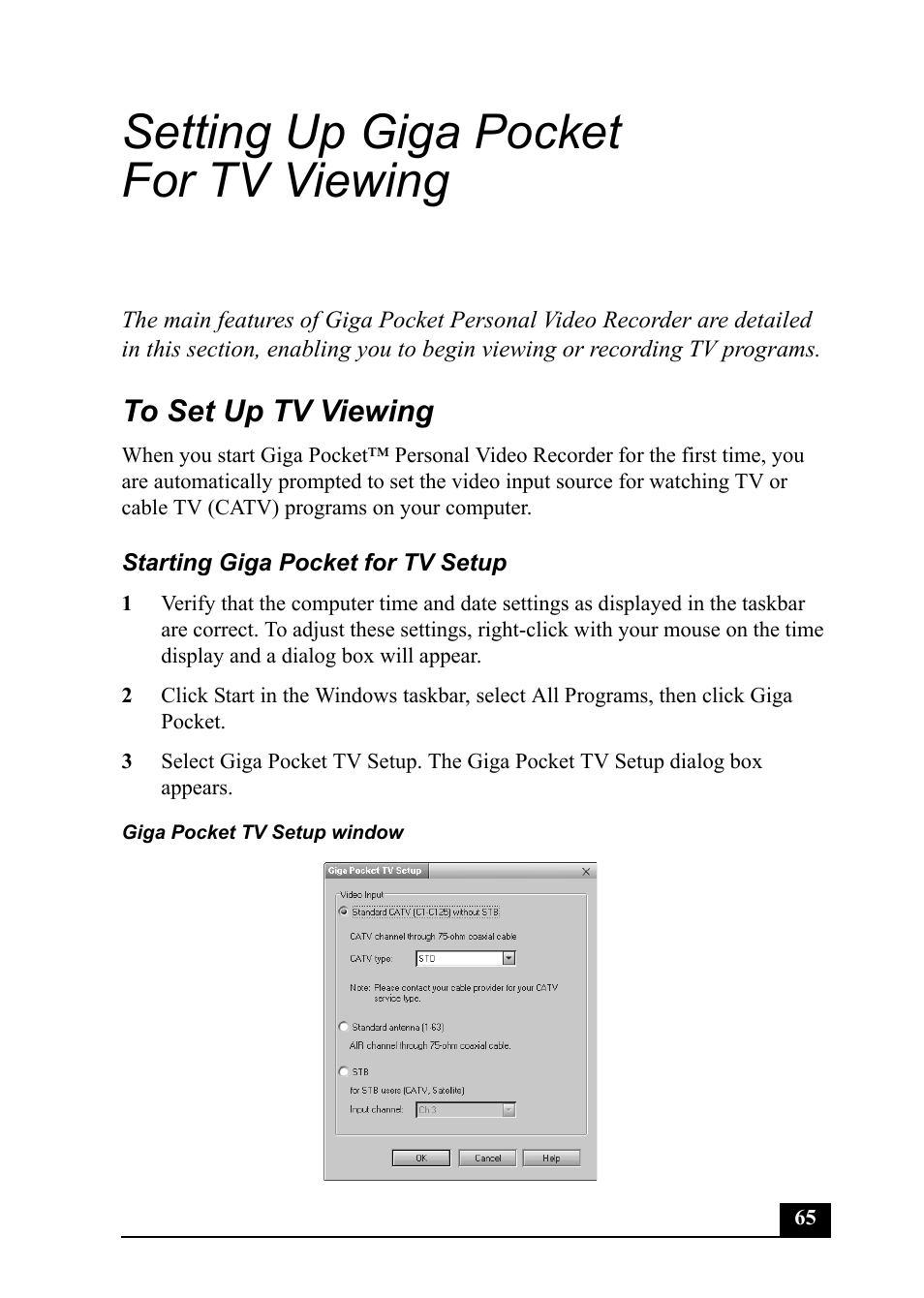 Setting up giga pocket for tv viewing | Sony PCV-MXS20 User Manual | Page 65 / 113