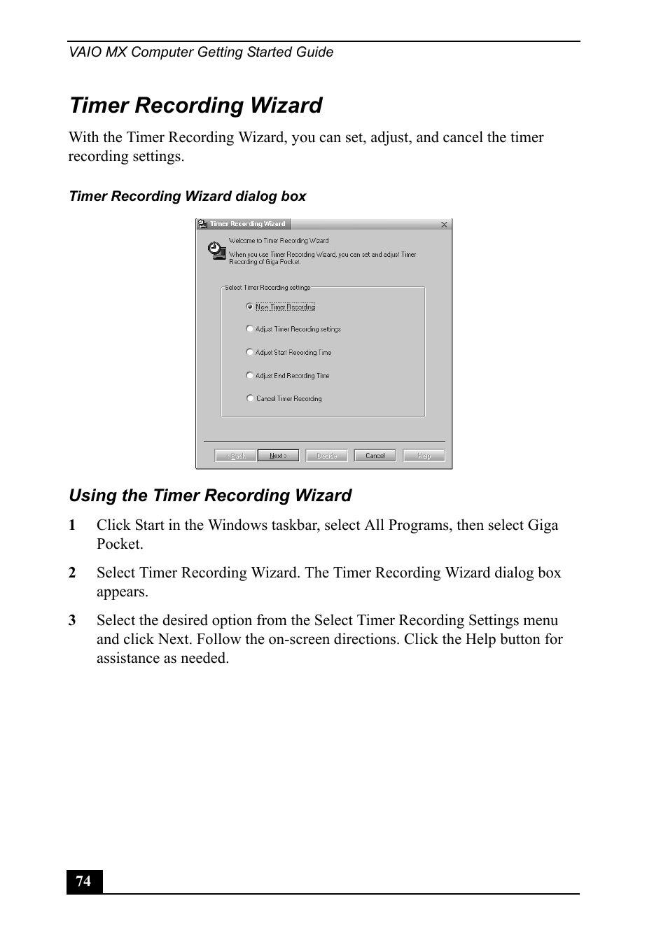 Timer recording wizard | Sony PCV-MXS20 User Manual | Page 74 / 113