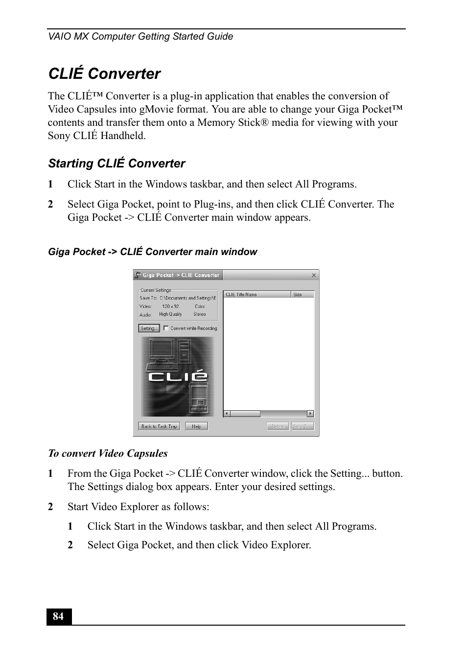 Clié converter | Sony PCV-MXS20 User Manual | Page 84 / 113