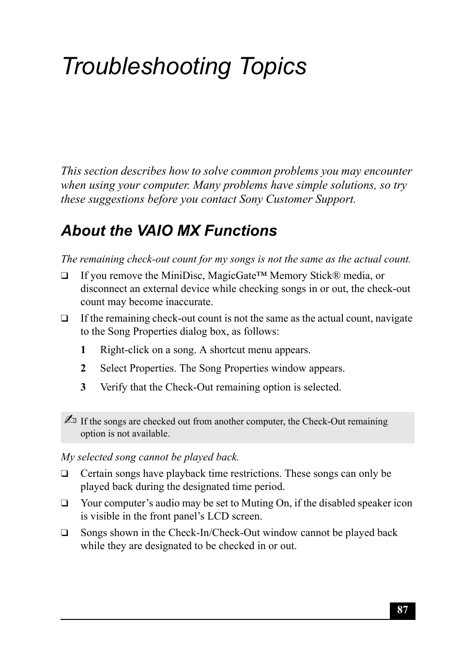 Troubleshooting topics, About the vaio mx functions | Sony PCV-MXS20 User Manual | Page 87 / 113