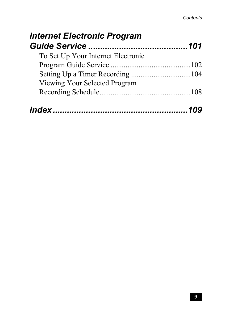 Internet electronic program guide service, Index | Sony PCV-MXS20 User Manual | Page 9 / 113