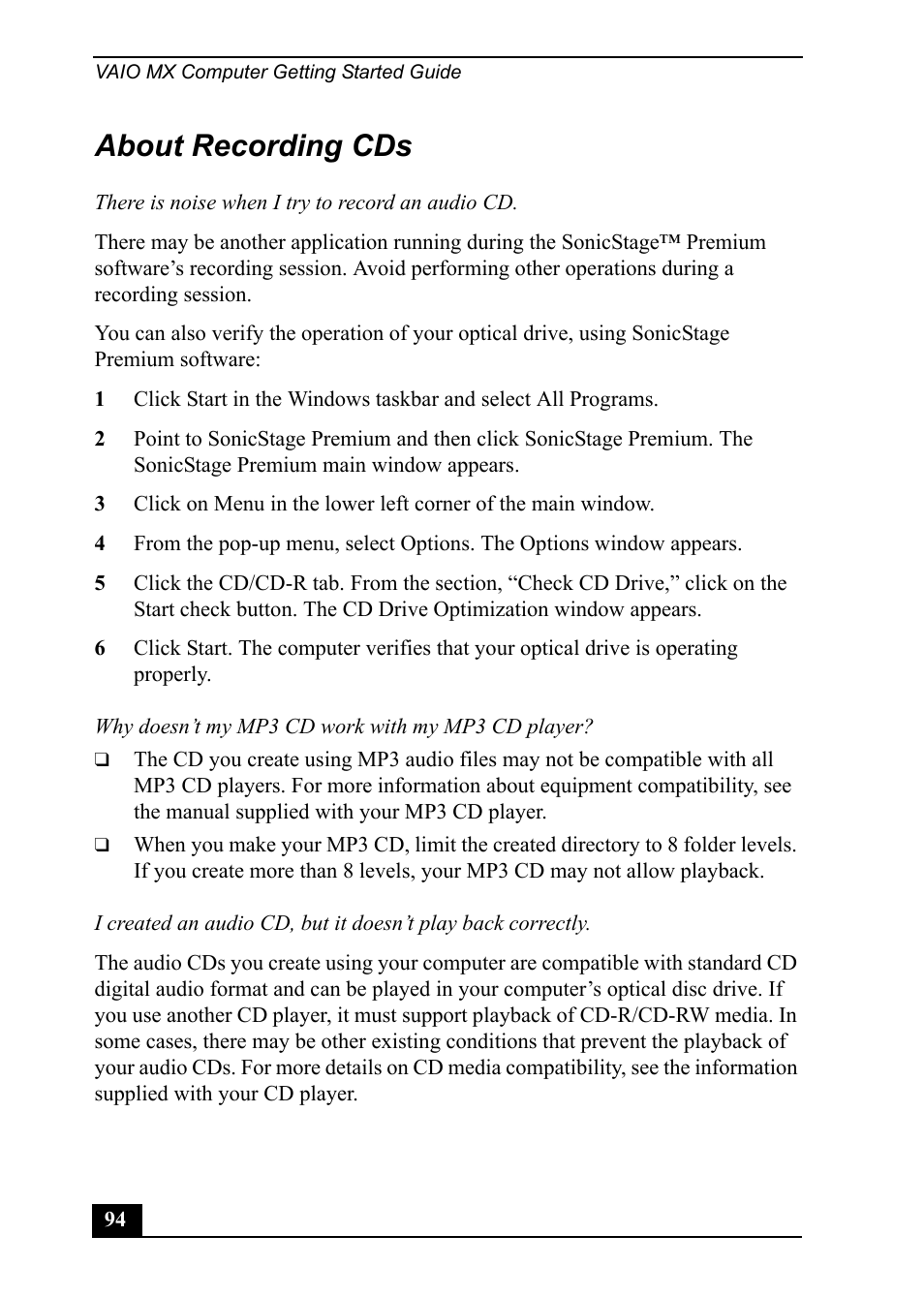 About recording cds | Sony PCV-MXS20 User Manual | Page 94 / 113