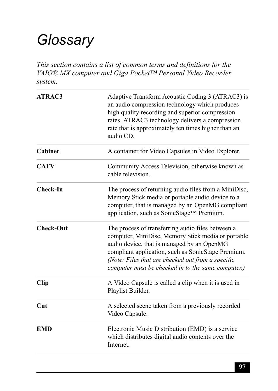 Glossary | Sony PCV-MXS20 User Manual | Page 97 / 113