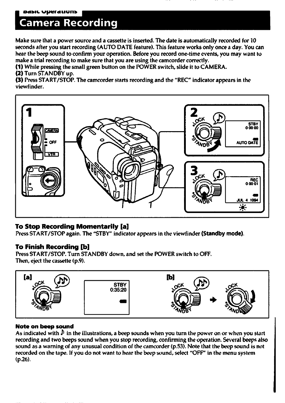 Camera recording, To stop recording momentarily [a, Standby mode). to finish recording [b | Sony CCD-TR400 User Manual | Page 10 / 55