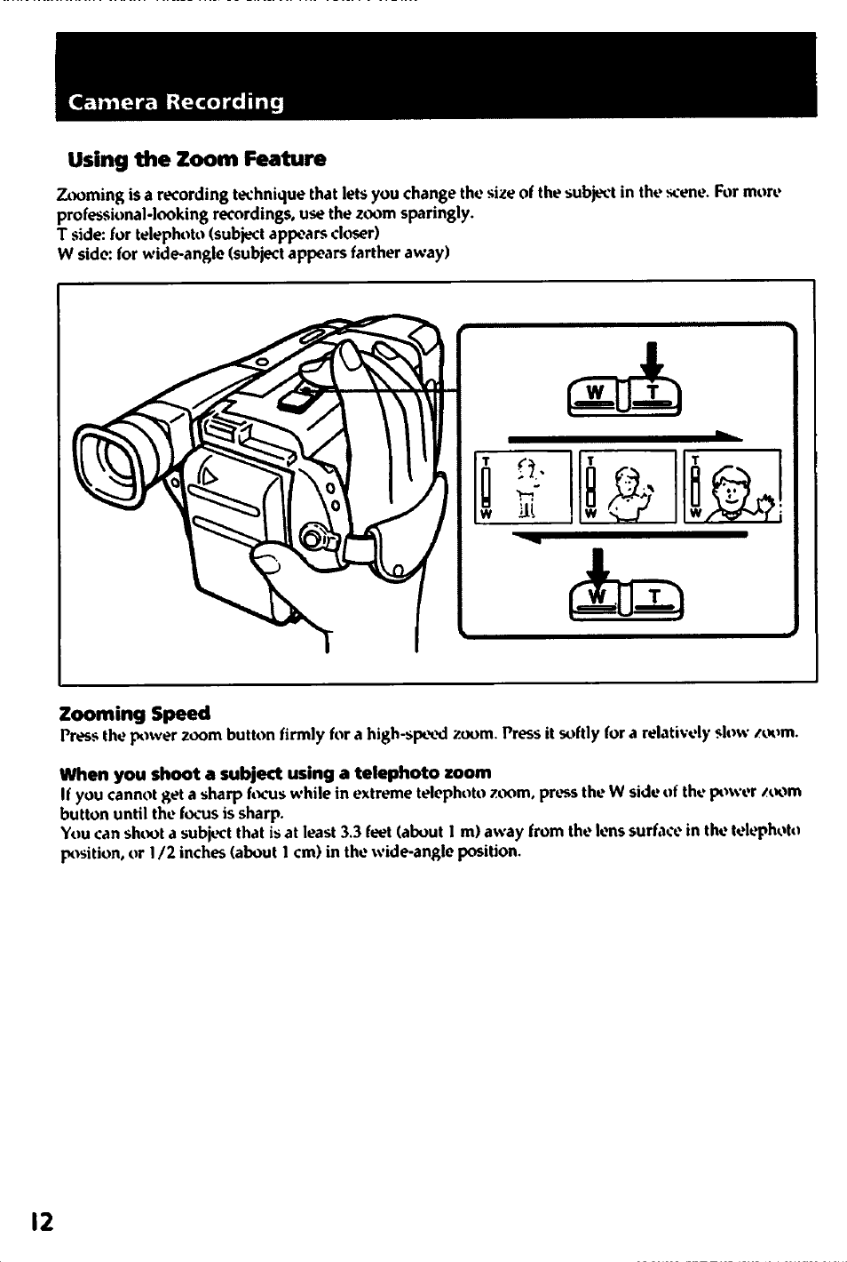 Using the zoom feature, Zooming speed | Sony CCD-TR400 User Manual | Page 12 / 55