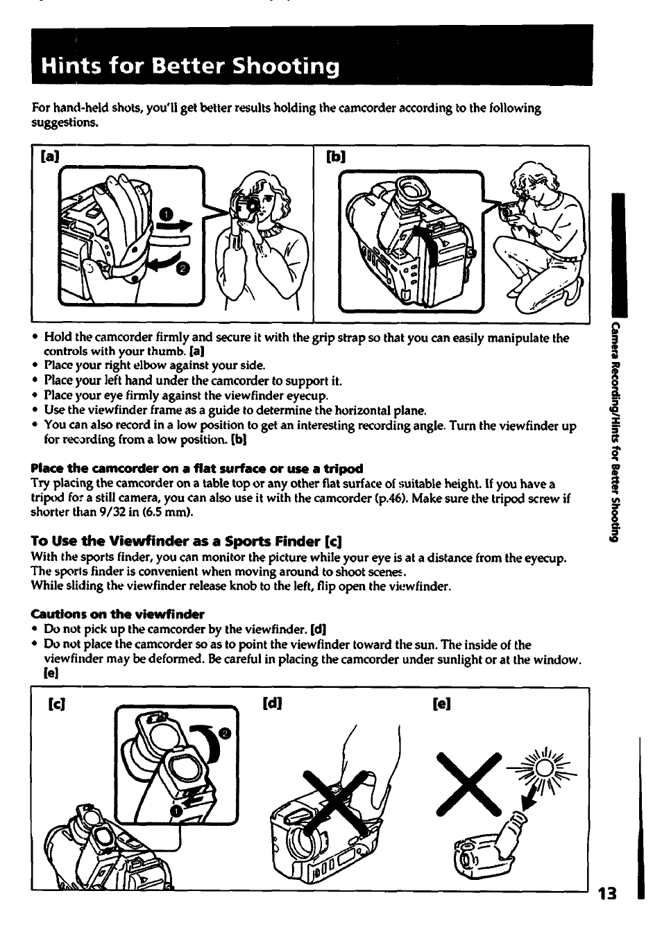 Hints for better shooting, To use the viewfinder as a sports finder [c, Cautions on the viewfinder | Sony CCD-TR400 User Manual | Page 13 / 55