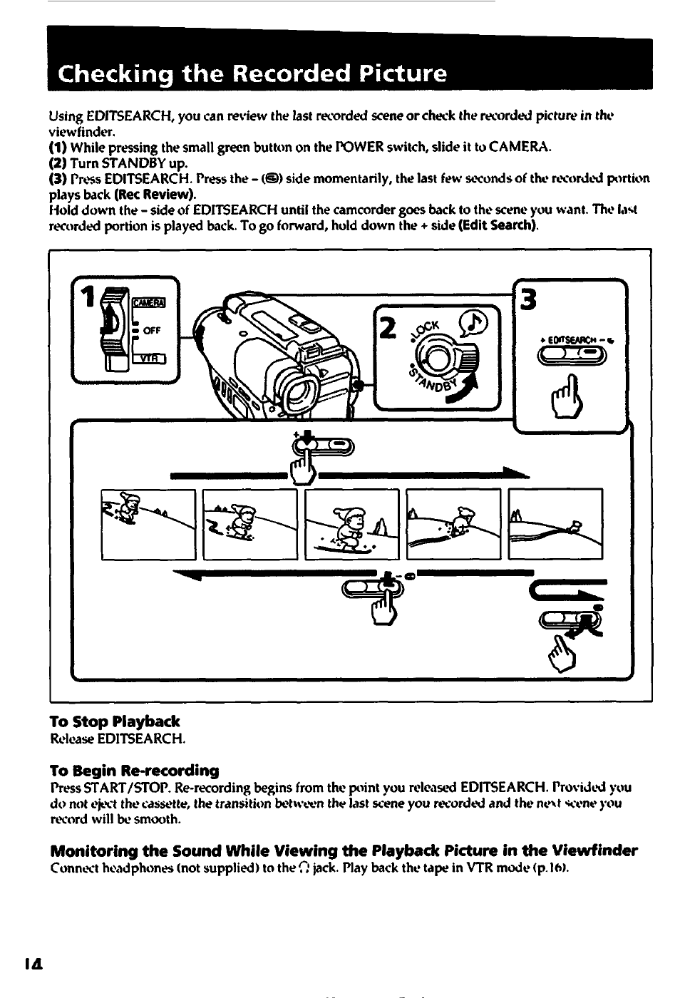 Checking the recorded picture, To stop playback, To begin re-recording | Sony CCD-TR400 User Manual | Page 14 / 55