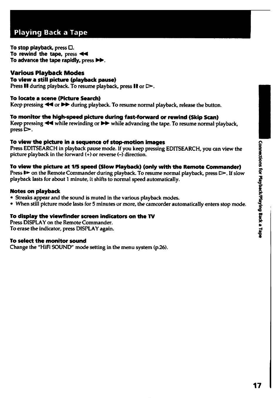 To stop playback, press, Various playback modes, To view a still picture (playback pause) | To locate a scene (picture search), Notes on playback, To select the monitor sound | Sony CCD-TR400 User Manual | Page 17 / 55