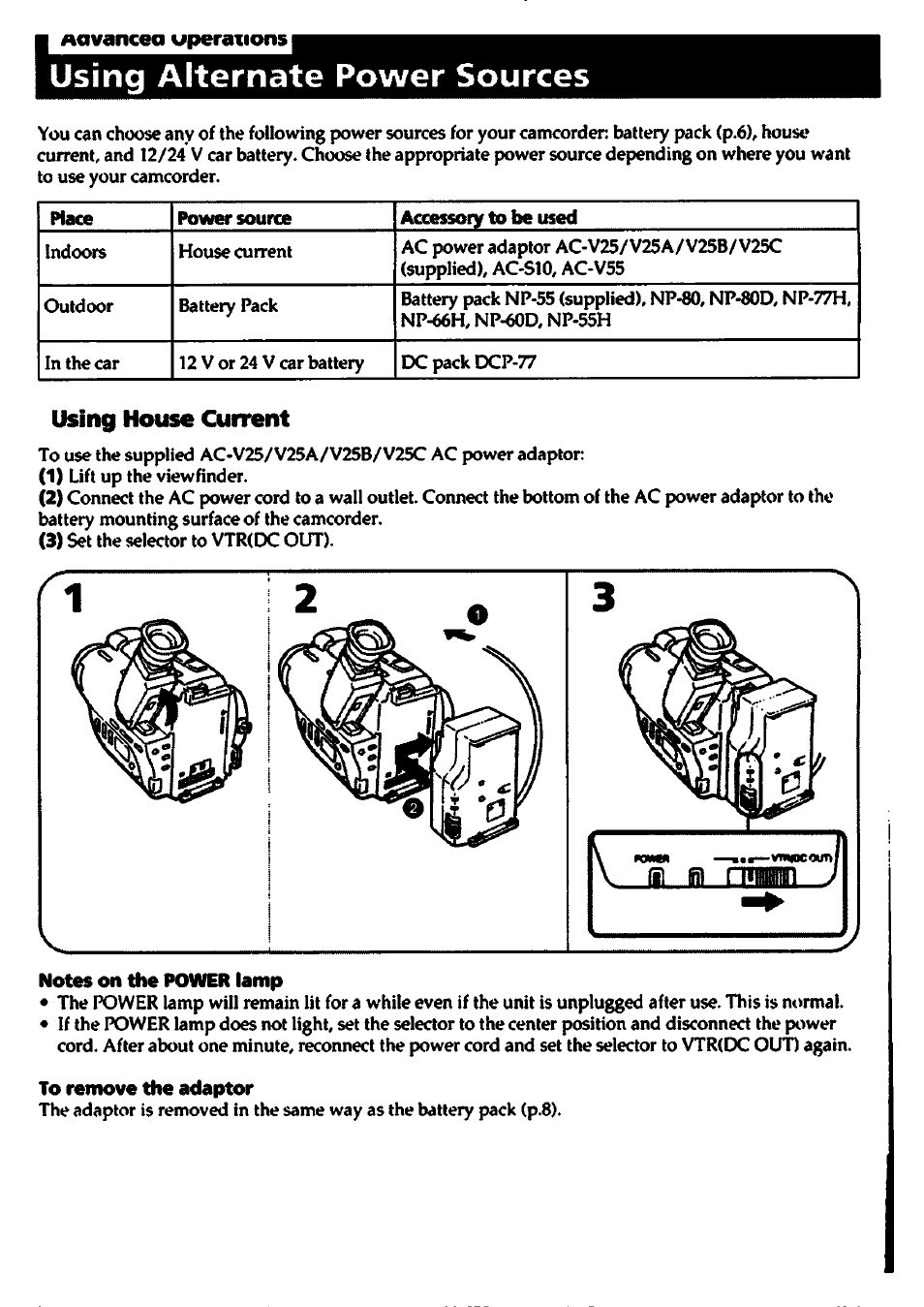 Aqvancea uperaiions i, Using alternate power sources, Using house current | Notes on the power lamp, To remove the adaptor | Sony CCD-TR400 User Manual | Page 18 / 55