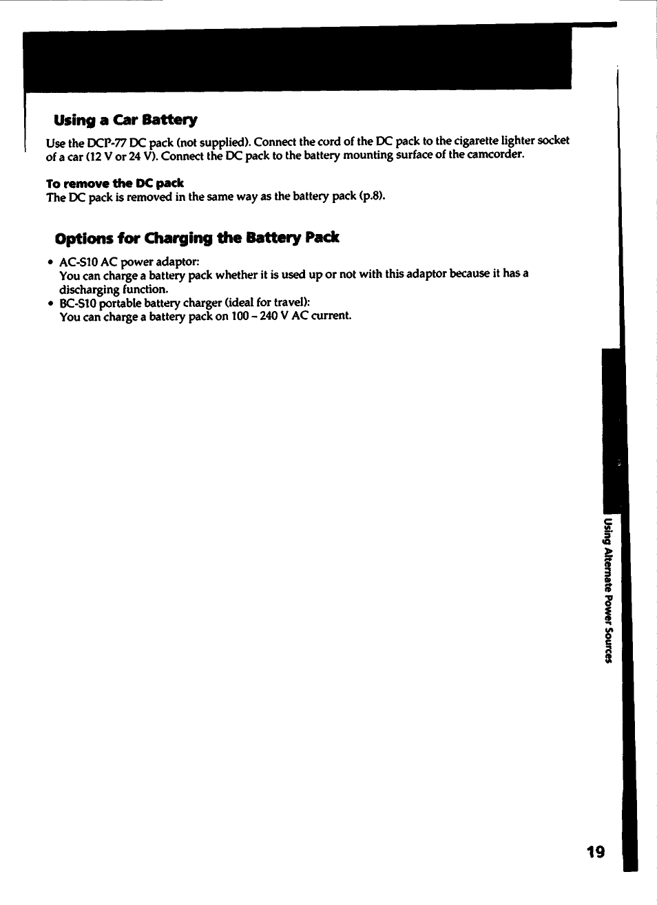 To remove the dc pack, Options for charging the battery pack | Sony CCD-TR400 User Manual | Page 19 / 55
