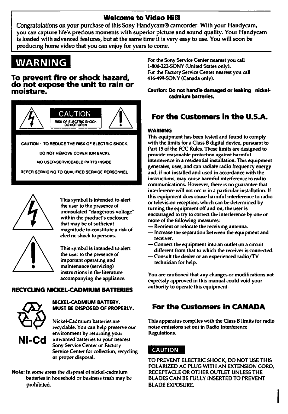 For the customers in the u.s.a, For the customers in canada, Warning | Ni-cd, Welcome to video his | Sony CCD-TR400 User Manual | Page 2 / 55