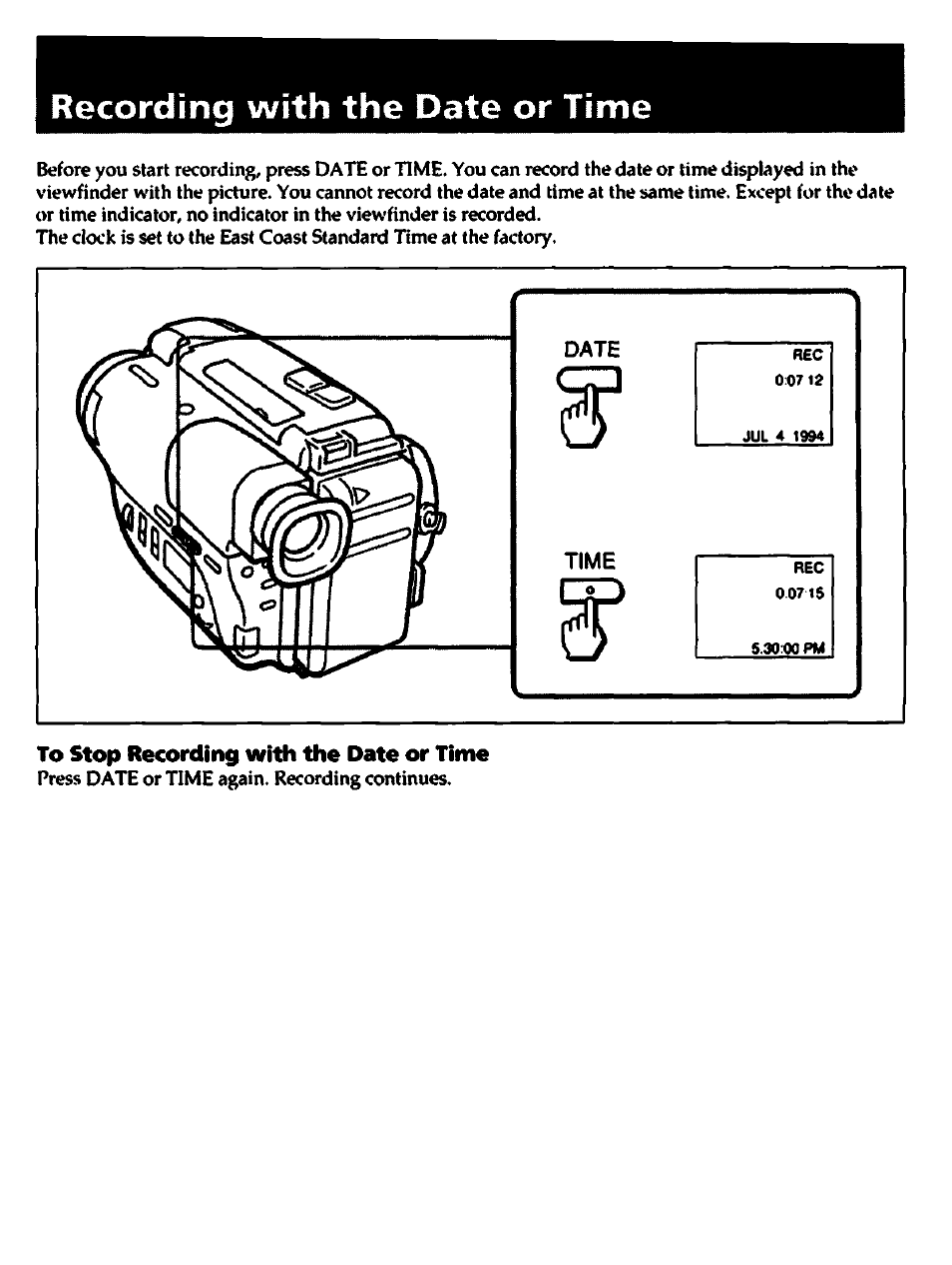 Recording with the date or time, To stop recording with the date or time | Sony CCD-TR400 User Manual | Page 20 / 55