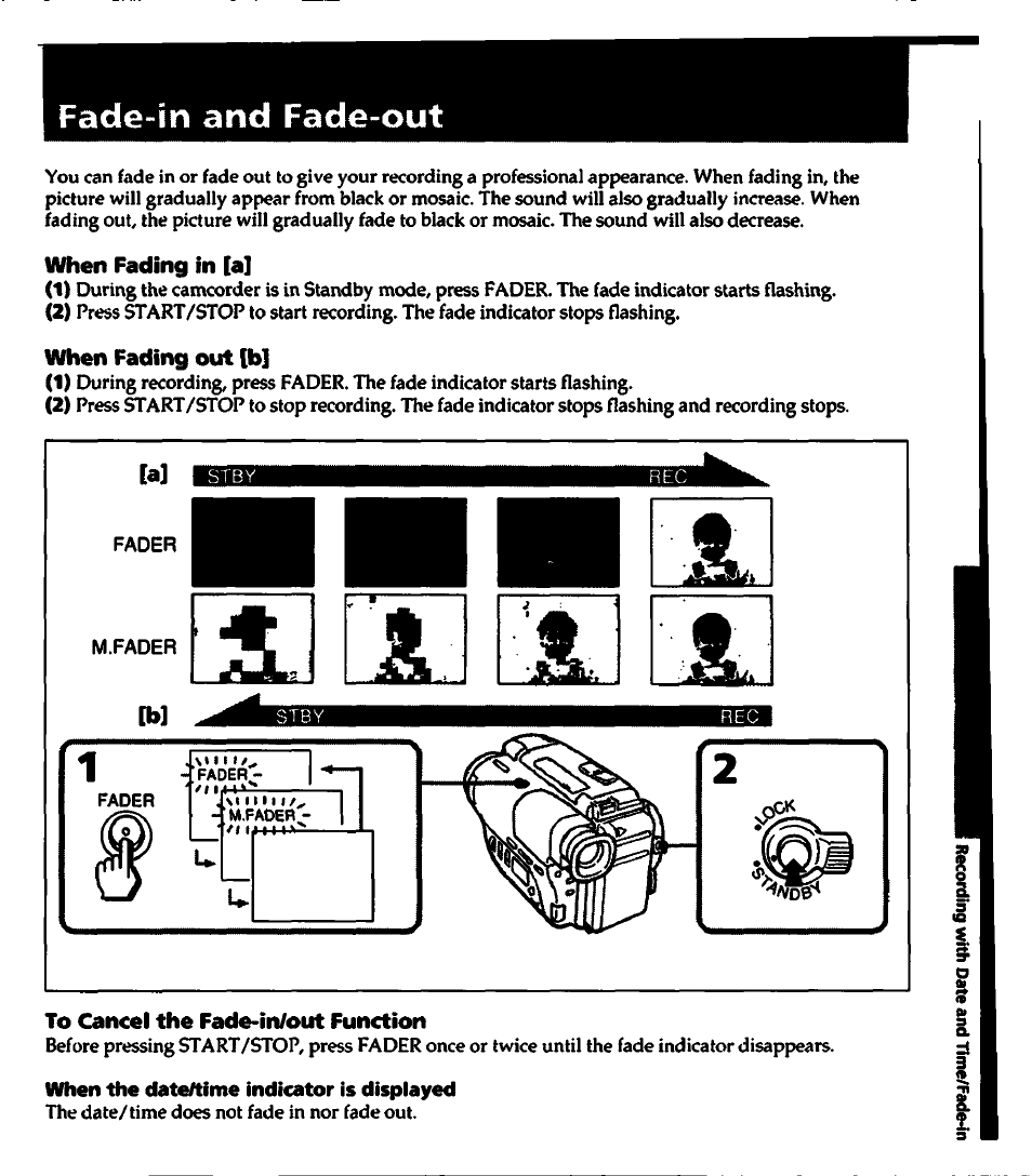 Fade-in and fade-out, When fading in [a, When fading out [b | To cancei the fade-in/out function, When the dateftime indicator is displayed | Sony CCD-TR400 User Manual | Page 21 / 55