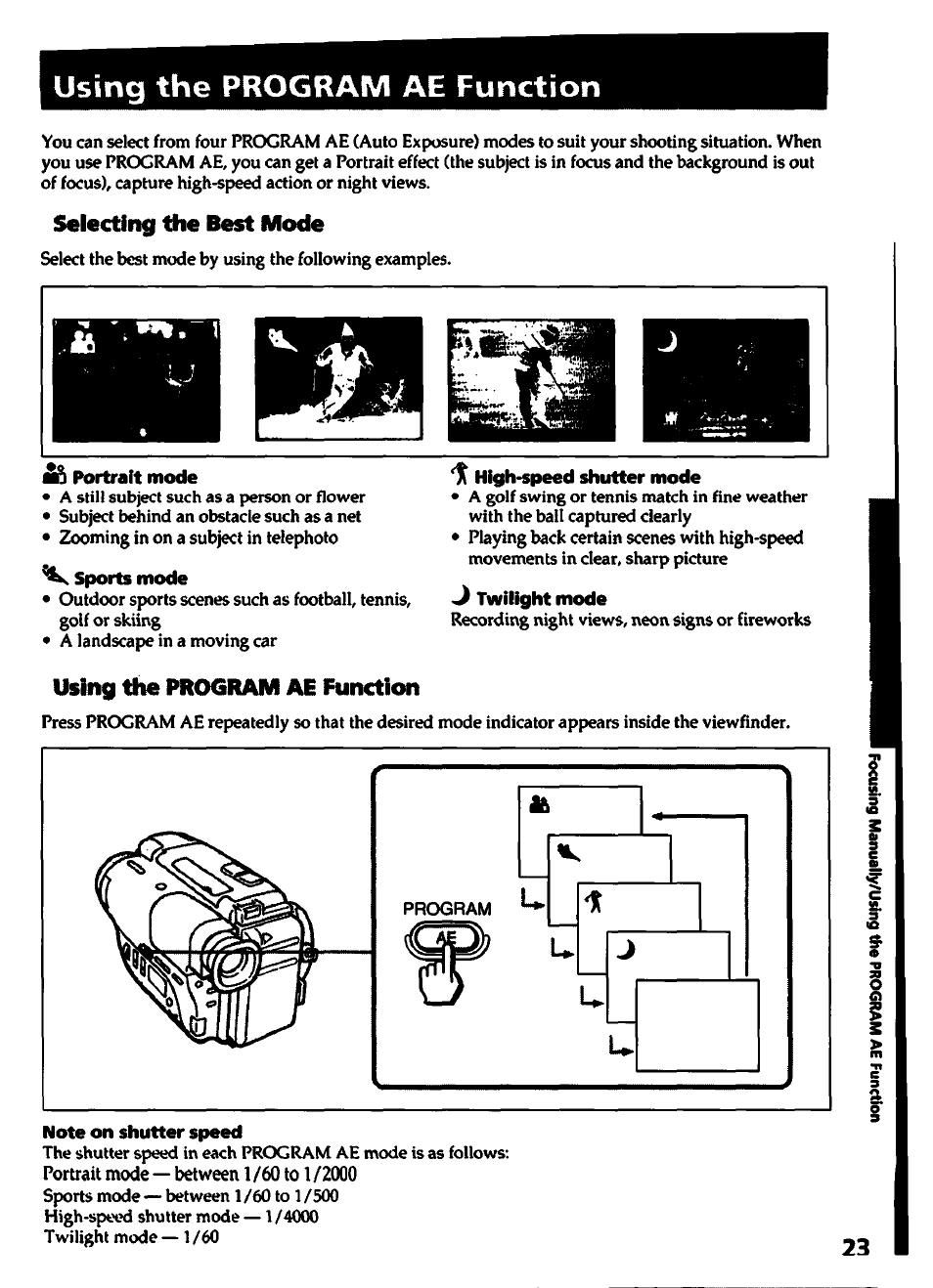 Using the program ae function, Selecting the best mode, 3 portrait mode | Sports mode, High-speed shutter mode, J twilight mode, Note on shutter speed | Sony CCD-TR400 User Manual | Page 23 / 55
