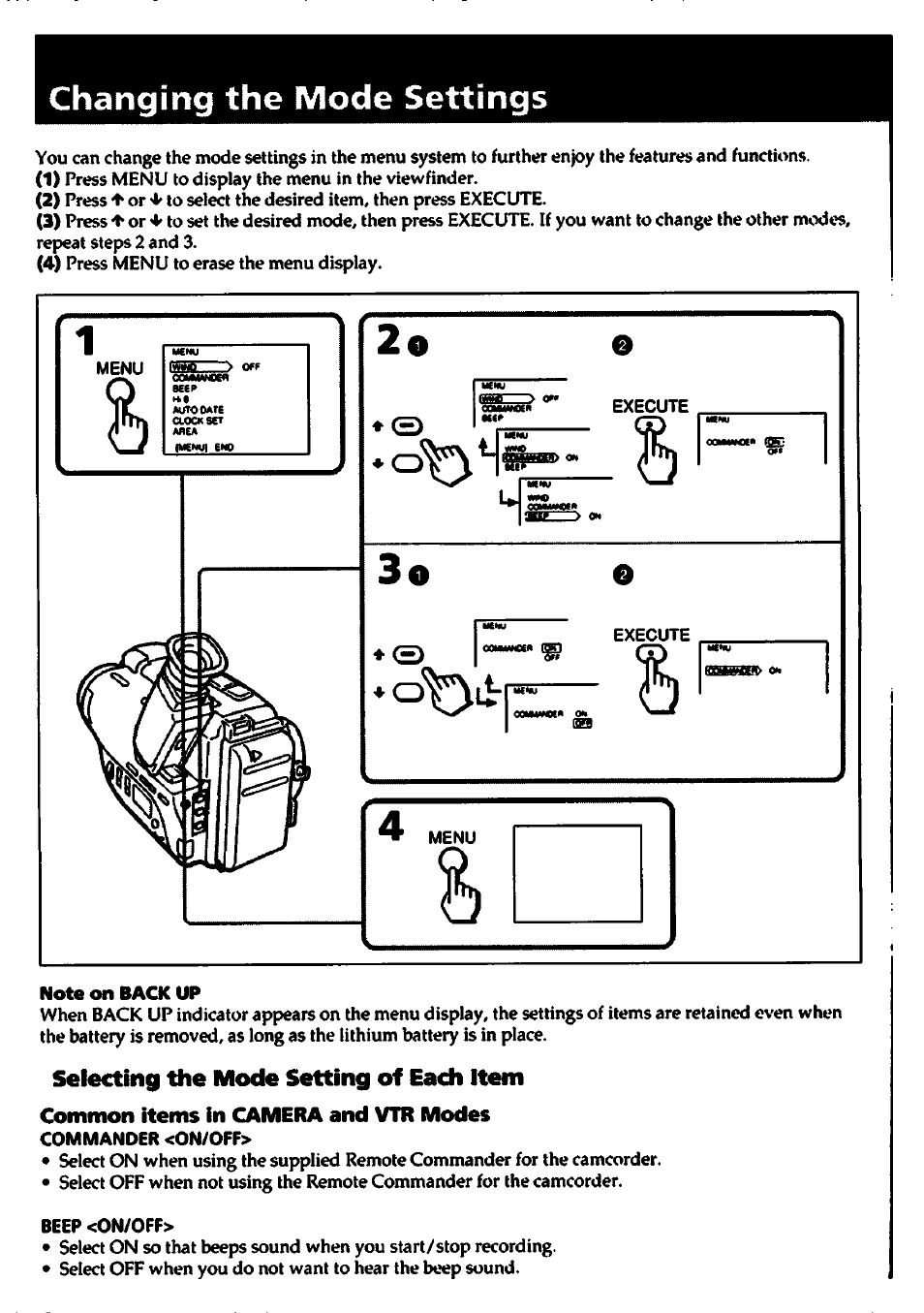 Changing the mode settings, Selecting the mode setting of each item, Common items in camera and vtr modes | Sony CCD-TR400 User Manual | Page 26 / 55